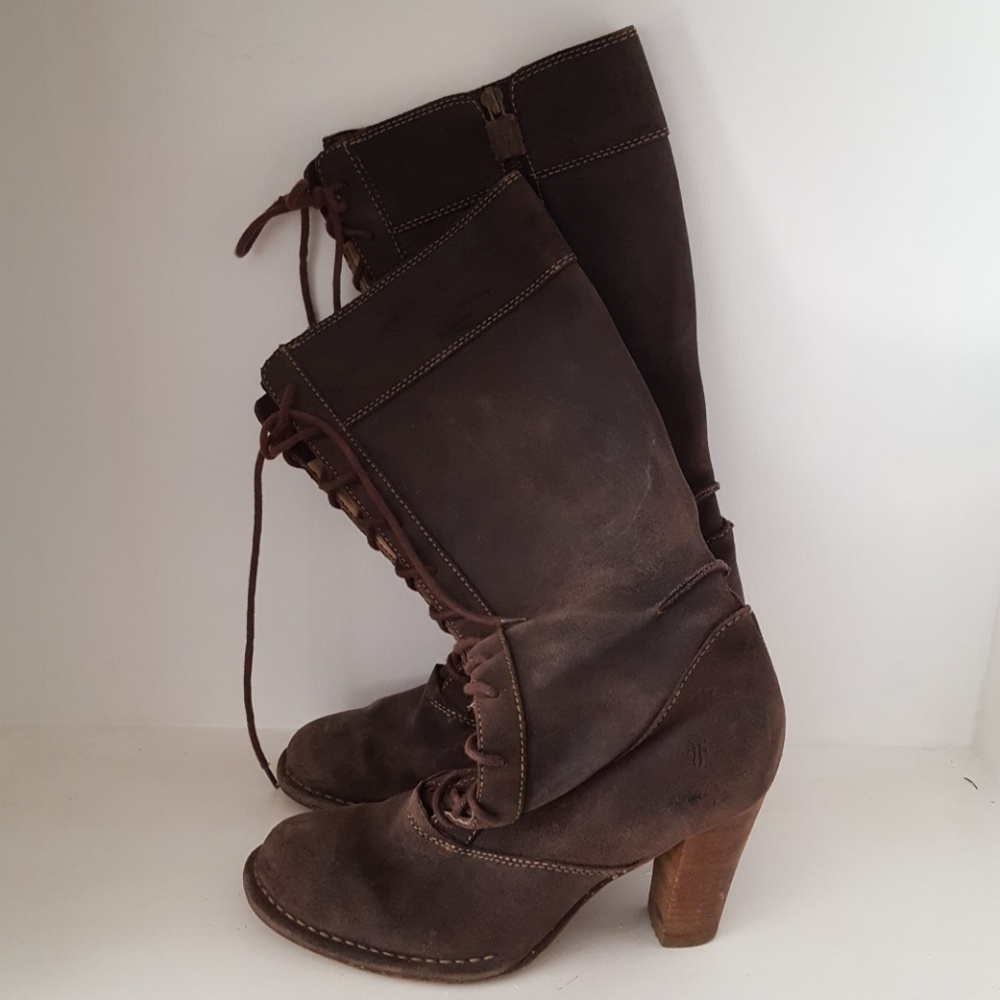 Frye lace up heeled boots in brown leather
